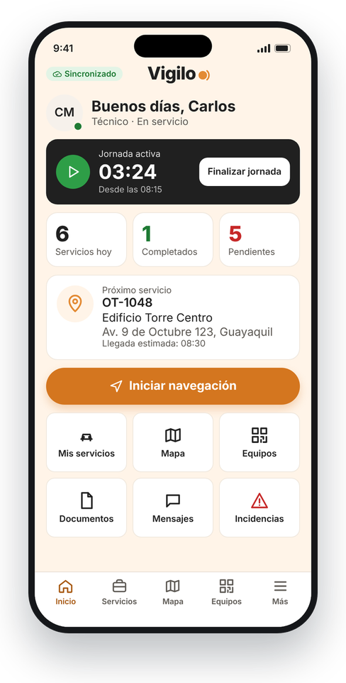 Pantalla de inicio de VIGILO Service con la jornada activa y el próximo servicio