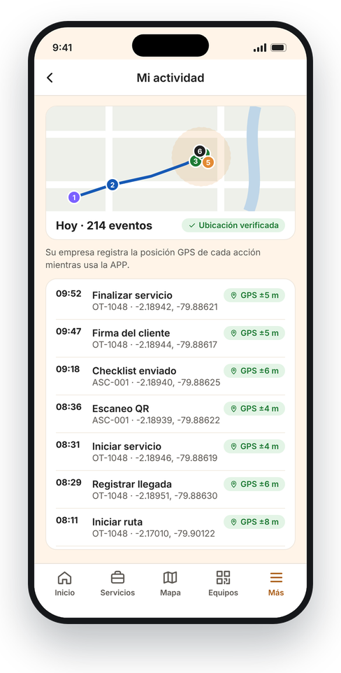 Registro de actividad del técnico con la posición GPS de cada acción
